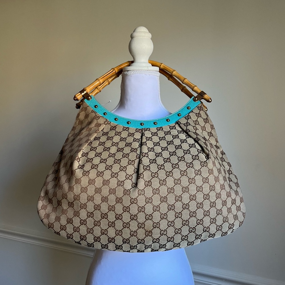 Gucci Bamboo Shoulder Bag — Brown GG Canvas with Blue Leather Trim